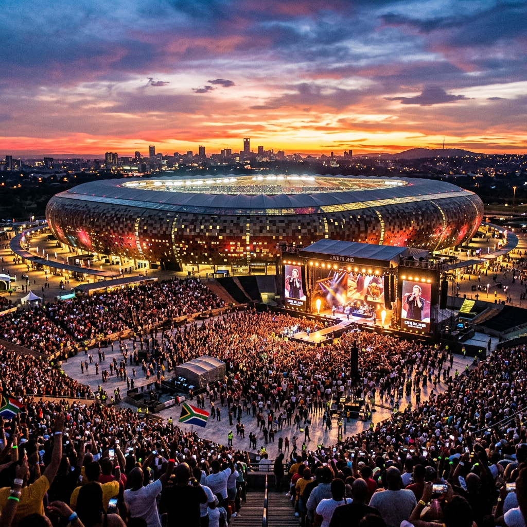 Crowd enjoying an outdoor concert in front of a large stadium at sunset