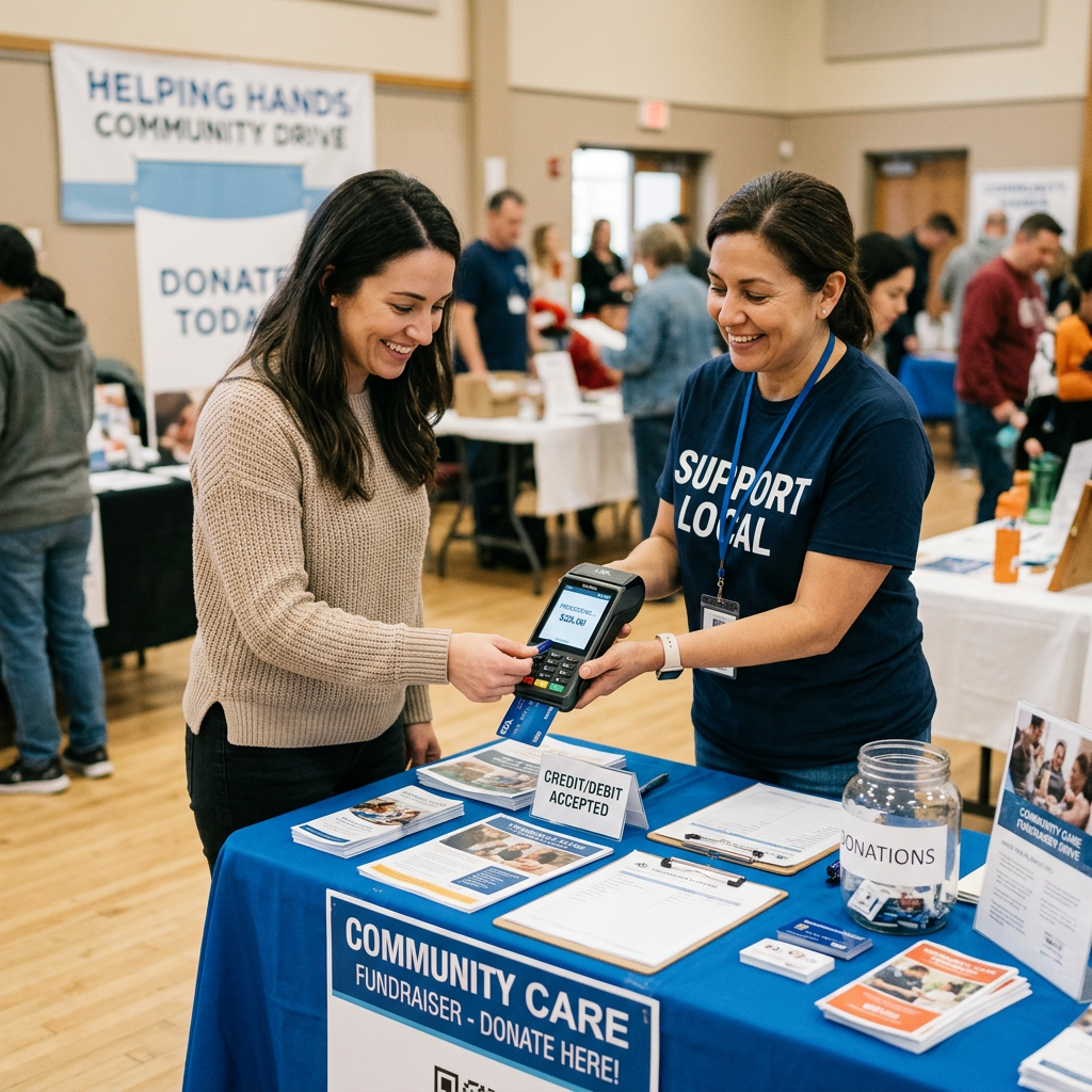 Woman making a credit card donation at community fundraiser booth