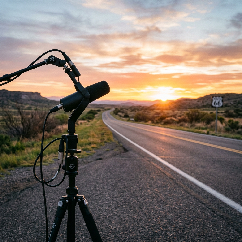 Microphone on tripod recording near Route 66 highway at sunset