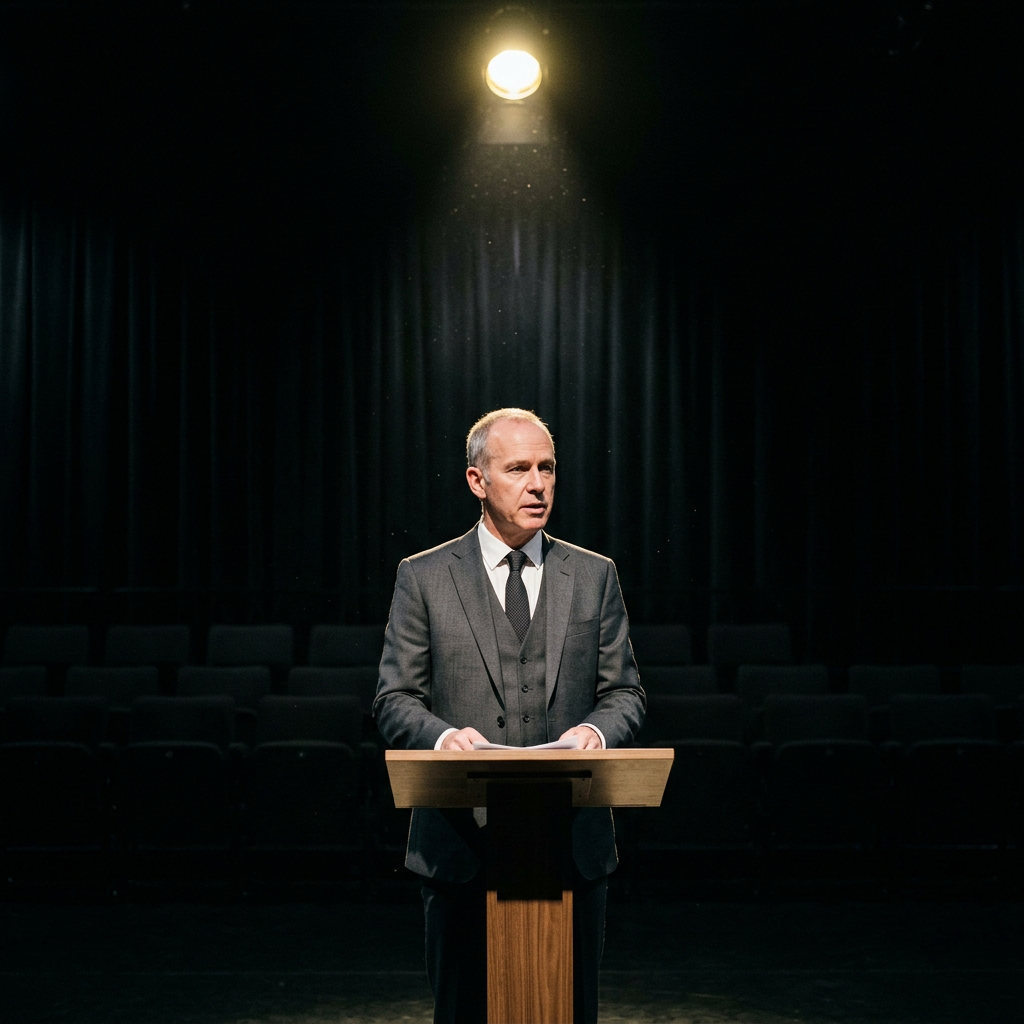 Man in suit standing at wooden podium speaking under a single spotlight in dark room
